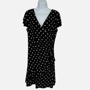 Ralf Lauren Cap Sleeve Faux Wrap Polka Dot Dress in Black/White Size 14